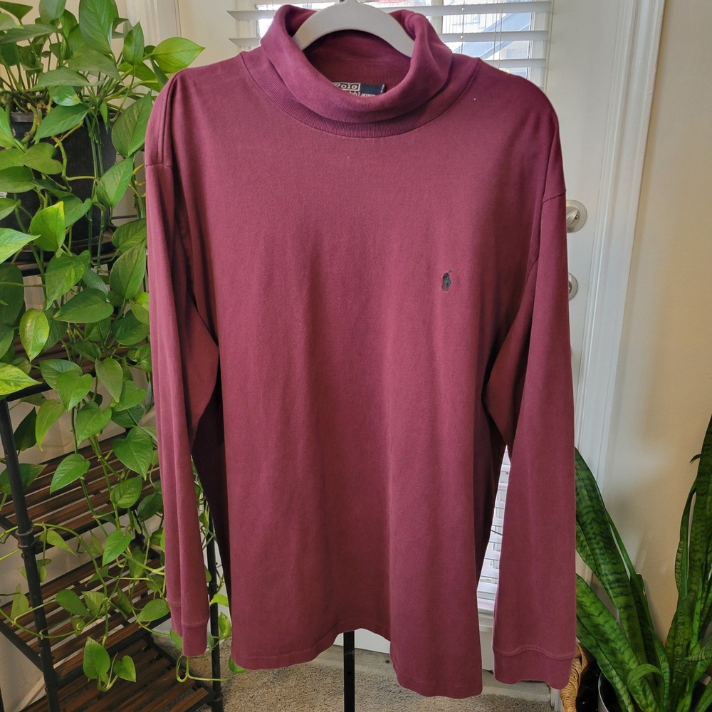 VTG Polo Ralph Lauren Mens XXL Burgundy Cotton Turtleneck Long Sleeve Pony Logo
